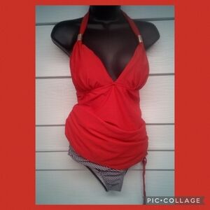 Red top black and white bottom two-piece swimsuit. 11
